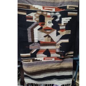 Vintage Peruvian Warrior Mexico 100% Wool Rug Wall Tapestry Made in Mexico Tag